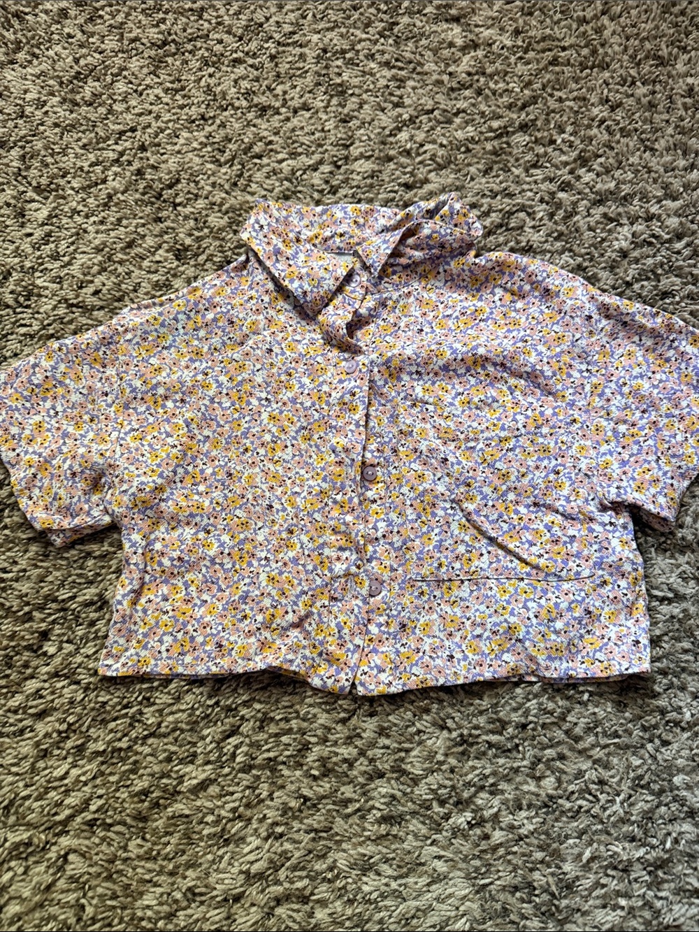 Zara Yellow & Purple Floral Button-Front Cropped Shirt